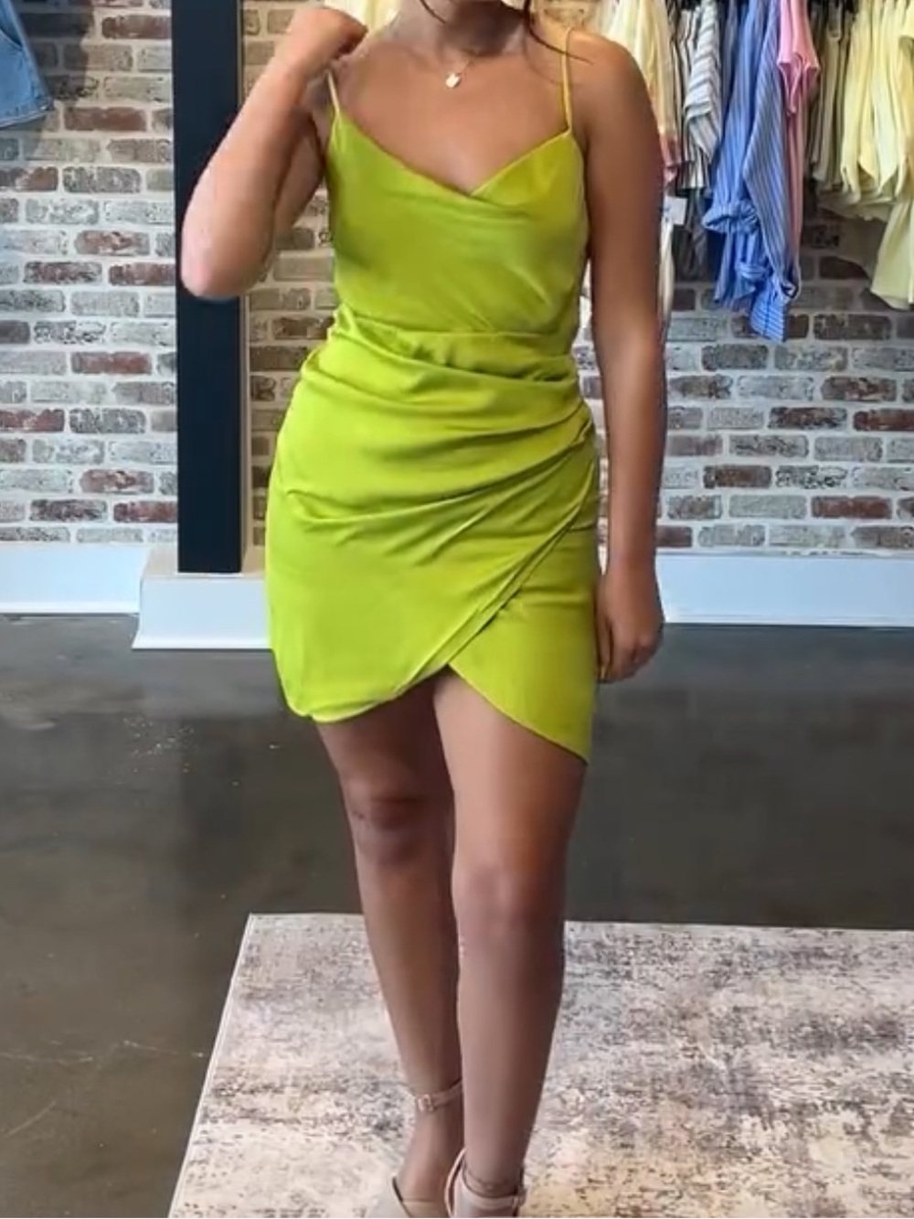 Satin Lime Green Asymmetrical Slip Mini Dress